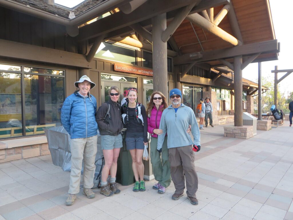 The morning of our hike, waiting for the shuttle bus at the Backcountry Information Center. I joked that you can tell who's from Seattle and who's from LA in this picture, ha! Annette and I clearly think 40 is warm :)