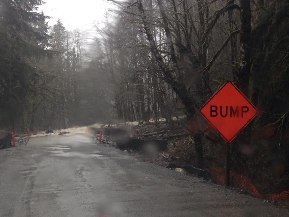 Our first view of the large Middle Fork Road washout at MP 9.9. Bump! Ha, you don't say!?