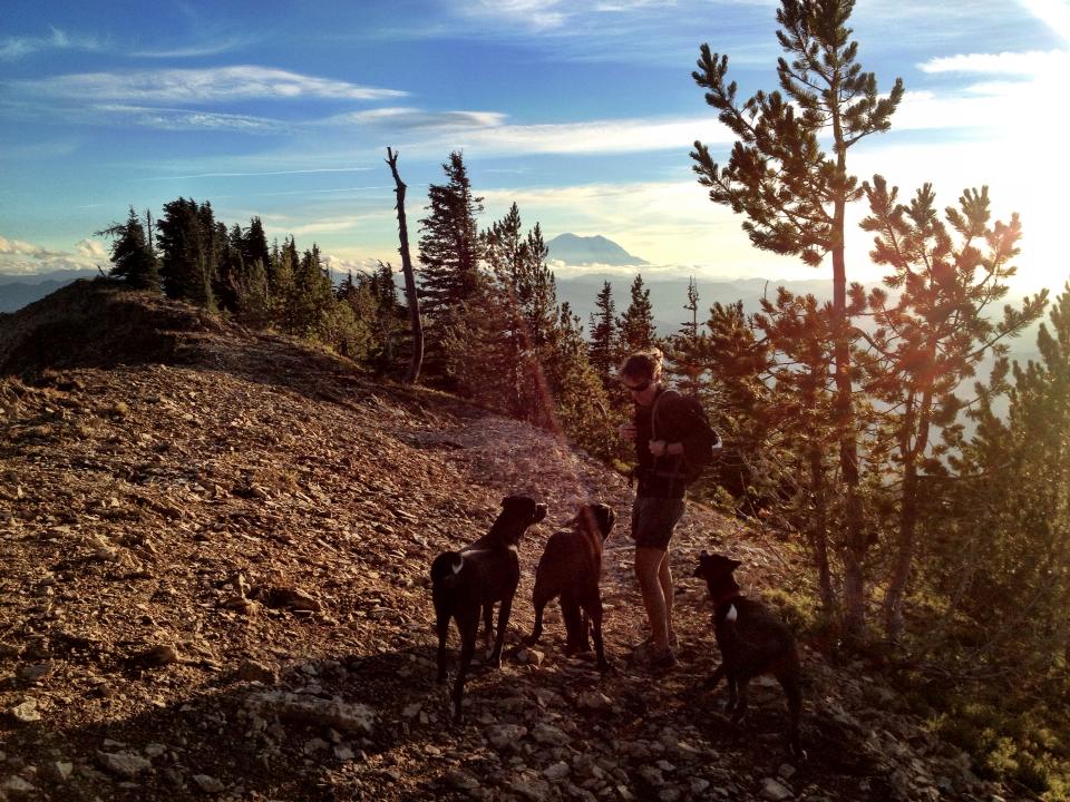 Taking a break at the top to feed and water us and the dogs