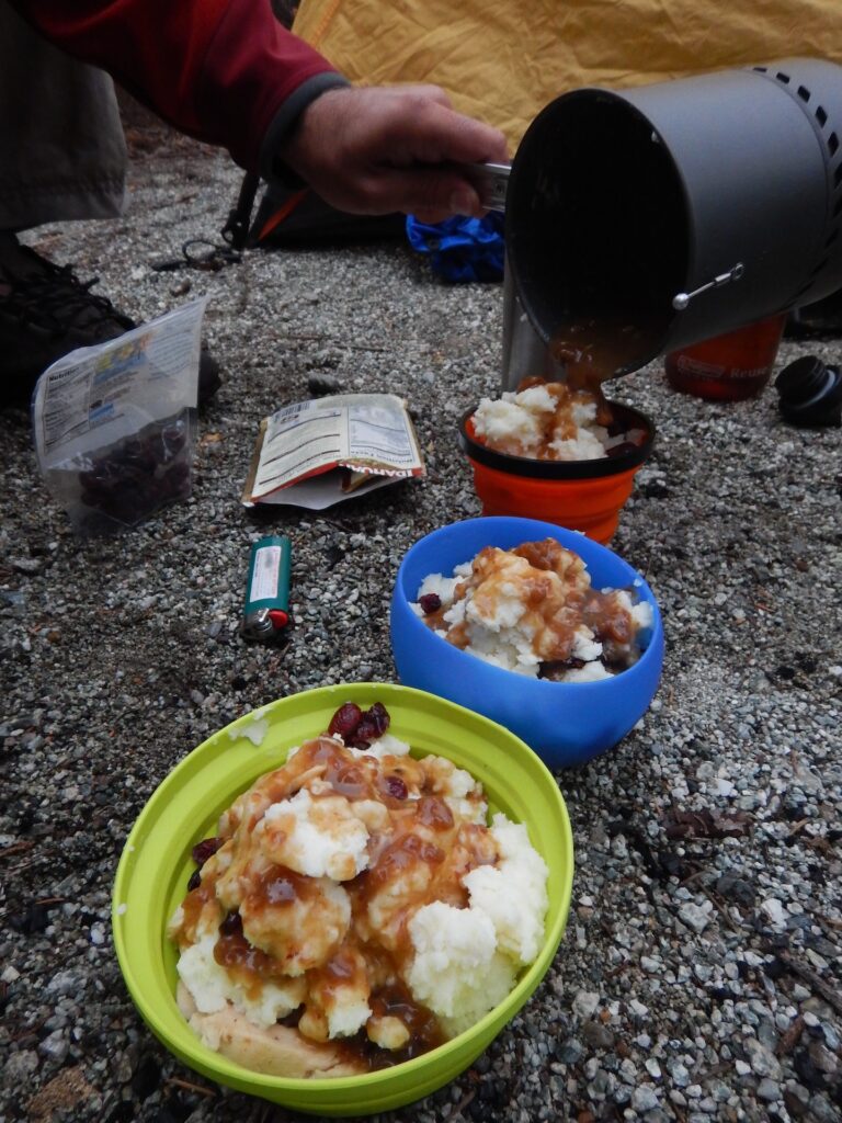Easily one of the best dinners I've ever had in the backcountry: mashed potatoes, turkey gravy, chicken, and cranberries. Thanksgiving dinner at it's finest!