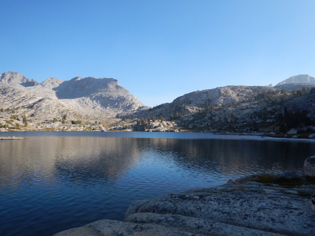 Arriving at Marie Lake. Selden Pass is the notch just in the distance.