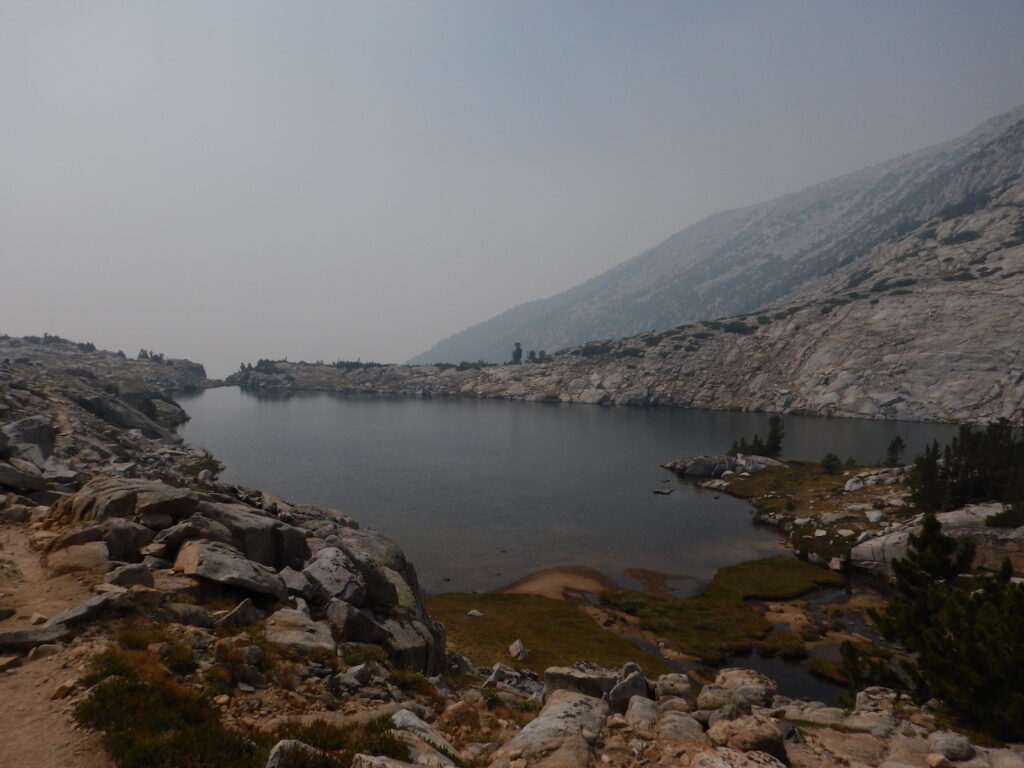 Passing Heart Lake below Selden Pass. We kept hiking deeper and deeper into the smoke.