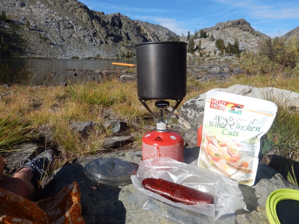 Dehydrating pasta sauce and combining it with a bag of prepackaged chicken. Heaven!