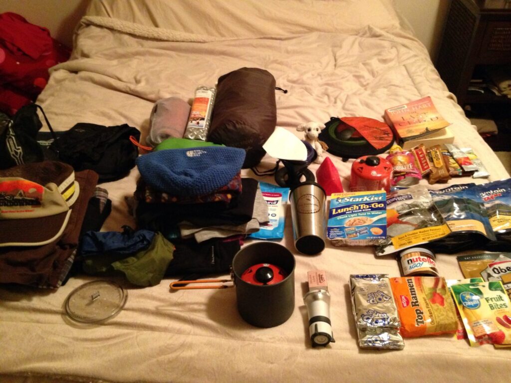 Packing gear for an overnight at Camp Muir. The sheer amount of food seemed ridiculous but hey, I was packing for a full 2 days up there!