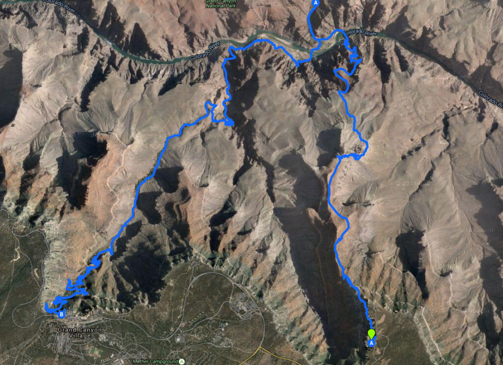 Our 17 mile loop hike from the Rim to the River and back, starting at the South Kaibab trailhead and finishing at the Bright Angel trailhead.