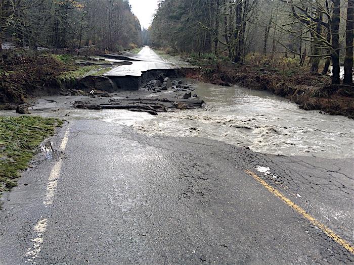 The Olympic Hot Springs Road was damaged during a November 2015 storm and remains closed at the Madison Falls parking lot. A temporary bridge is spanning the washout that allows pedestrians and bicycles access. 